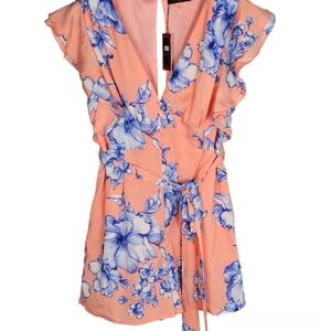 Ambition Coral with Blue Floral Print Flutter Sleeve Belted Romper, NWT, size M